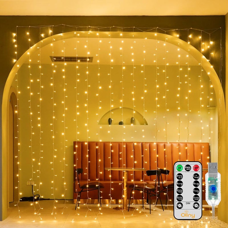 Ollny Christmas Curtain Lights 300 LED 9.8 FTx9.8 FT, Outdoor Waterproof Curtain String Lights with Remote Timer 8 Modes, USB Waterfall Window Lights for Wall Backdrop Home Decorations (Warm White) - Image 1